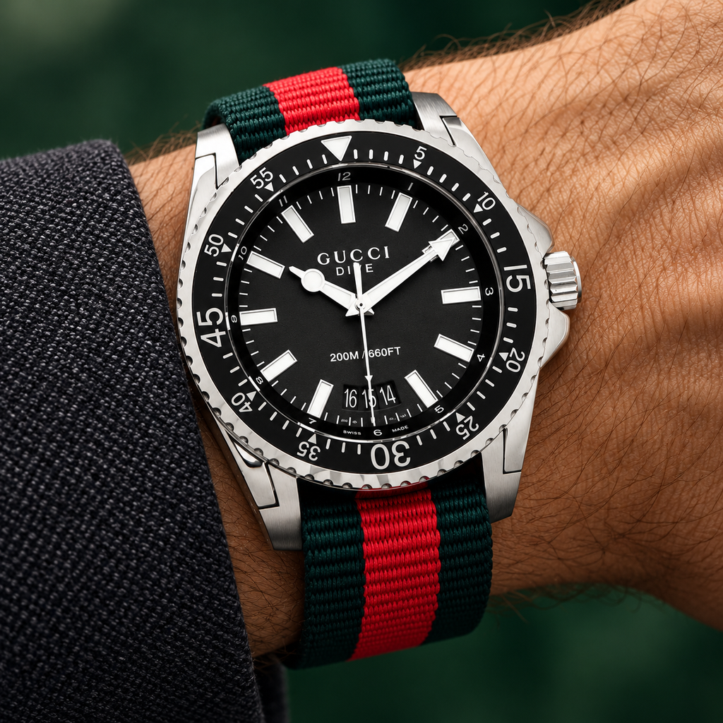 Gucci Dive XL 45mm Web Strap Men's Watch YA136206 on wrist