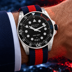 Gucci Dive XL 45mm Blue Red NATO Men's Watch YA136210 on wrist