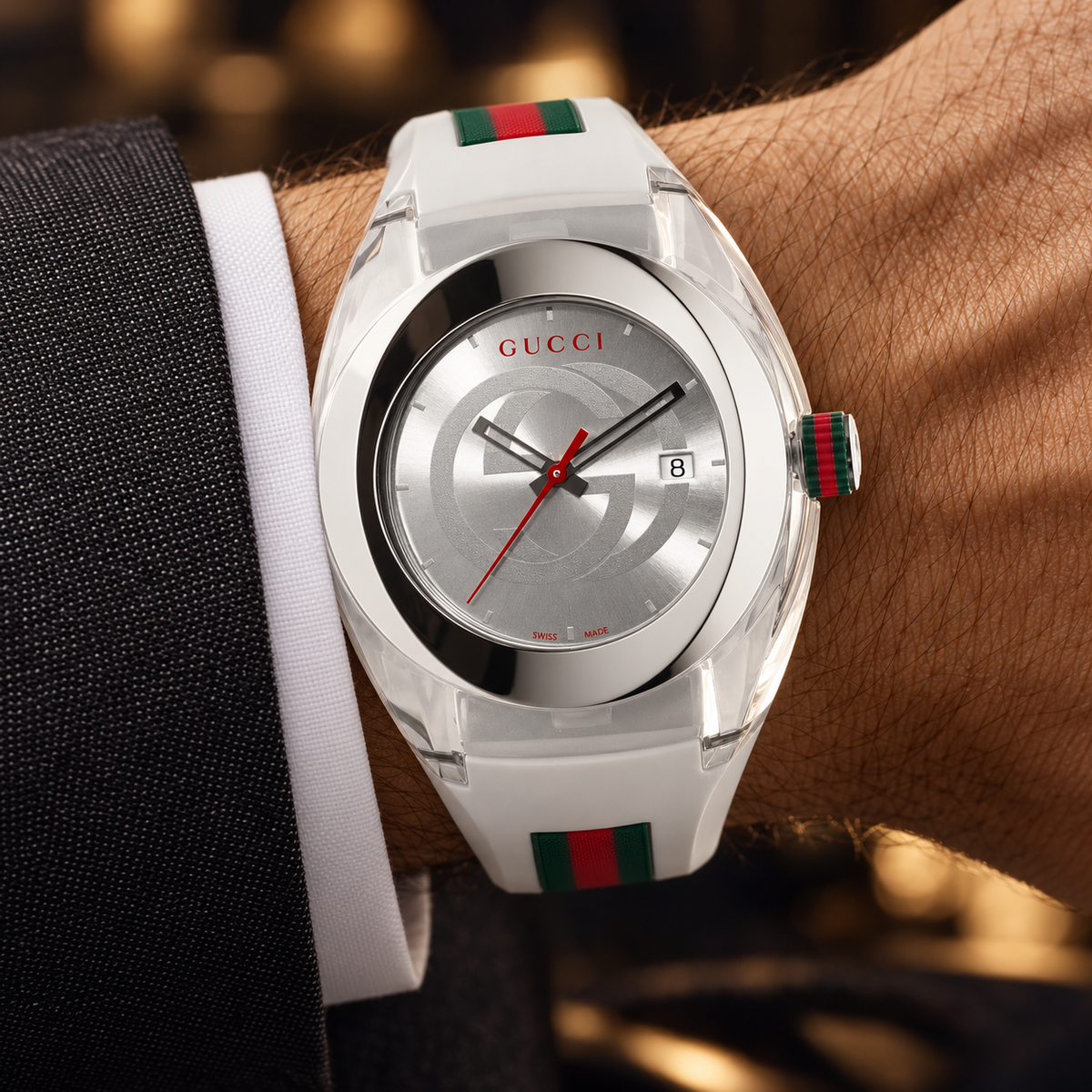 Gucci Sync XXL YA137102 white men's watch on wrist